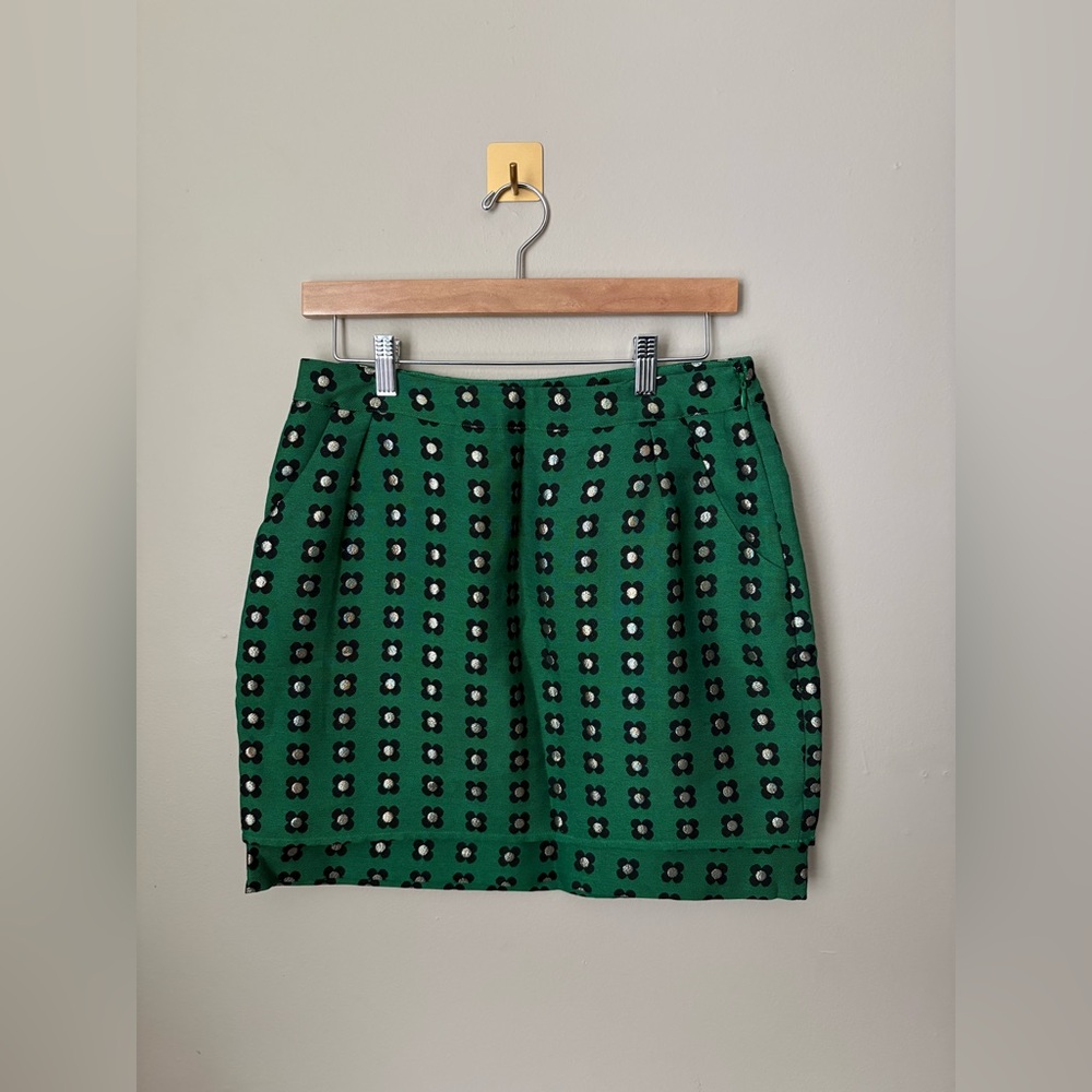 Size 6P Anthropologie HD in Paris Garden Glimmer Green Gold Layered Pencil Skirt
